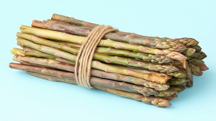 Fresh asparagus bundle tied neatly with twine on a cool periwinkle-blue background