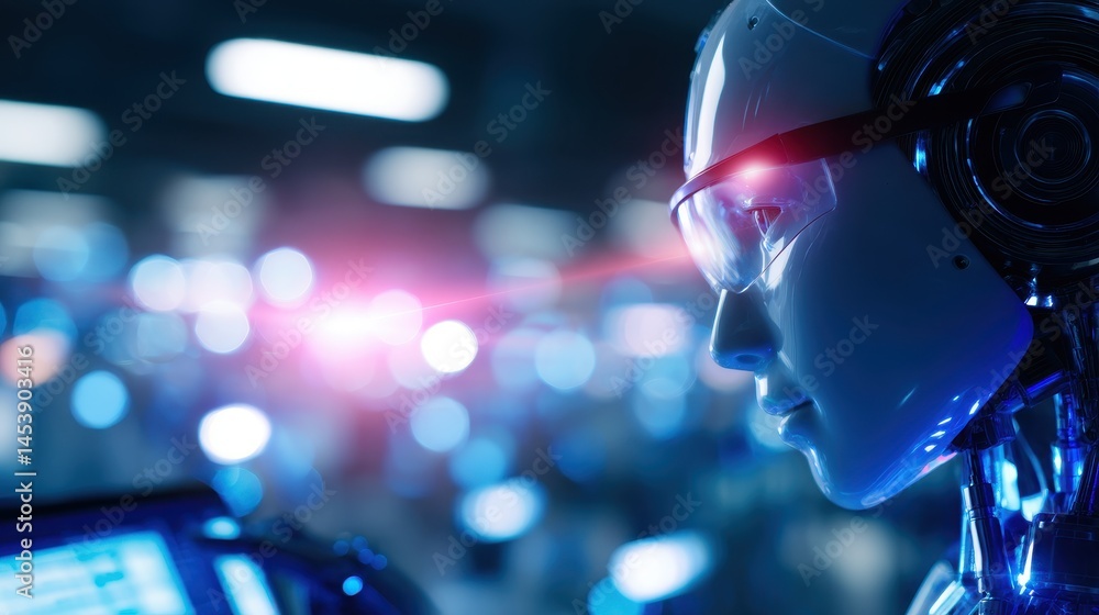 Poster close-up of a futuristic robot with glowing eyes, set in a high-tech environment with blurred lights