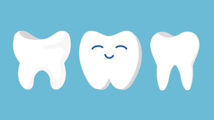 Cartoon teeth characters. Cute tooth mascot face emoji, vector illustration, on blue background 