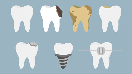 Teeth dental icon set isolated, vector illustration, on blue background 