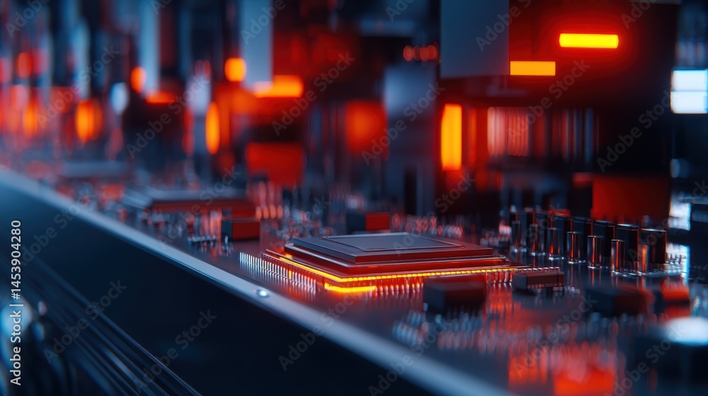 Poster close-up view of a futuristic circuit board with glowing components in a high-tech environment