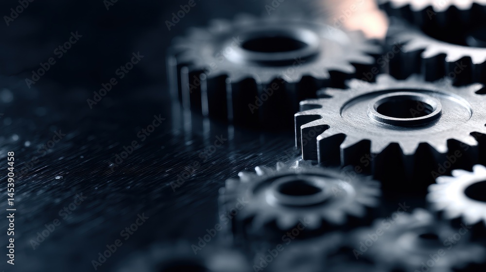 Poster close-up of interlocking metallic gears on a reflective surface, showcasing precision engineering