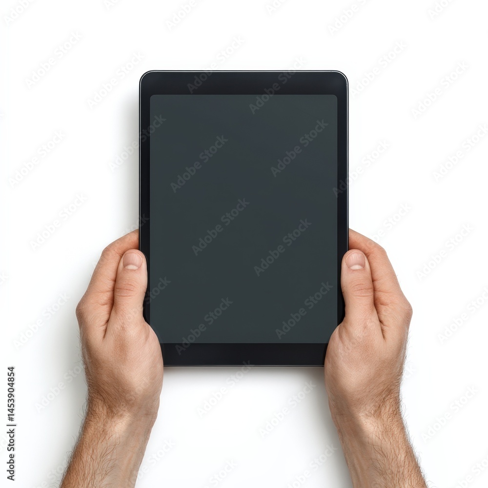 Poster man's hands holding a black tablet computer with blank screen perfect for app presentations or techn