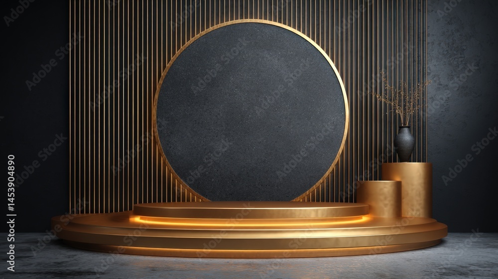 Poster elegant gold and black circular product display platform with modern design elements