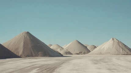 Large outdoor piles of sand, gravel, and asphalt beneath a clear industrial sky