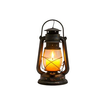 Vintage kerosene lantern oil lamp with candle flame burning antique lighting on transparent background