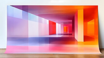 Abstract artwork depicting a vibrant colorful hallway with warm-toned walls and floors creating a sense of depth and p