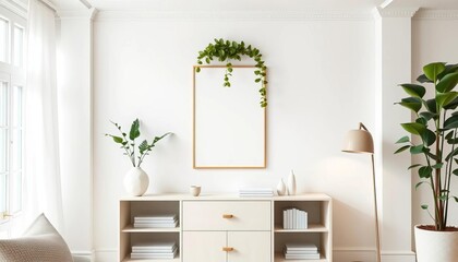White living room, plant above cupboard, poster mockup, copy space, house, modern