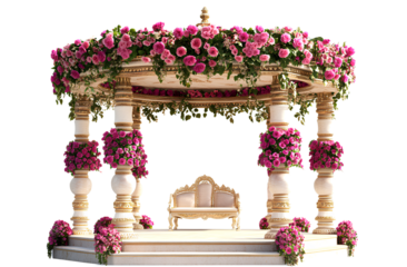  A beautiful Indian wedding mandap decorated with roses and flowers, set against a white background with a transparent PNG file.