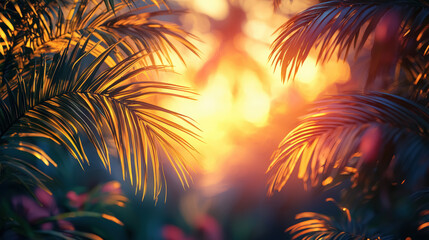 Summer tropical vibe with a vibrant sunset painting the sky in amber and magenta, silhouetting gently swaying coconut palms above tranquil lagoon waters reflecting molten light background jpg