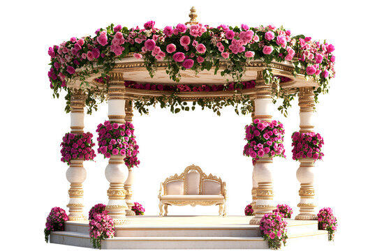  A beautiful Indian wedding mandap decorated with roses and flowers, set against a white background with a transparent PNG file.