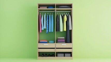 Modern wardrobe with a combination of open display and closed storage, styled on bright lime-green backdrop
