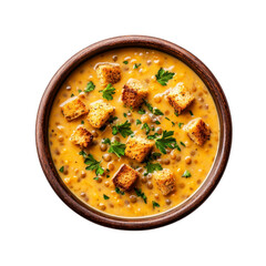 Creamy Lentil Soup with Toasted Croutons, Overhead Shot