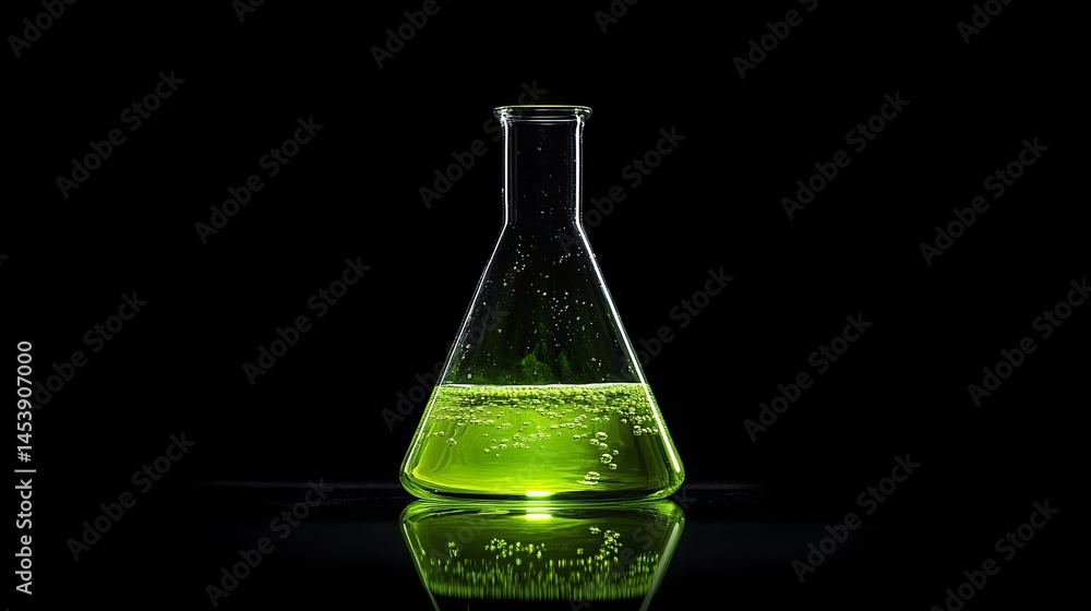 Poster bright green liquid in erlenmeyer flask science experiment lab glass study fluid bubbles testing