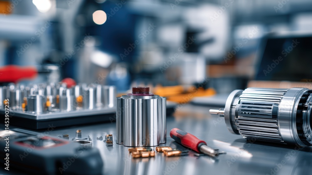 Poster close-up view of a workshop table with mechanical parts and tools, showcasing precision engineering