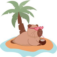 Cute vector capybara relaxing under a palm tree in summer with a coconut cocktail sunbathing enjoying vacation. Background summer theme or tropical illustrations