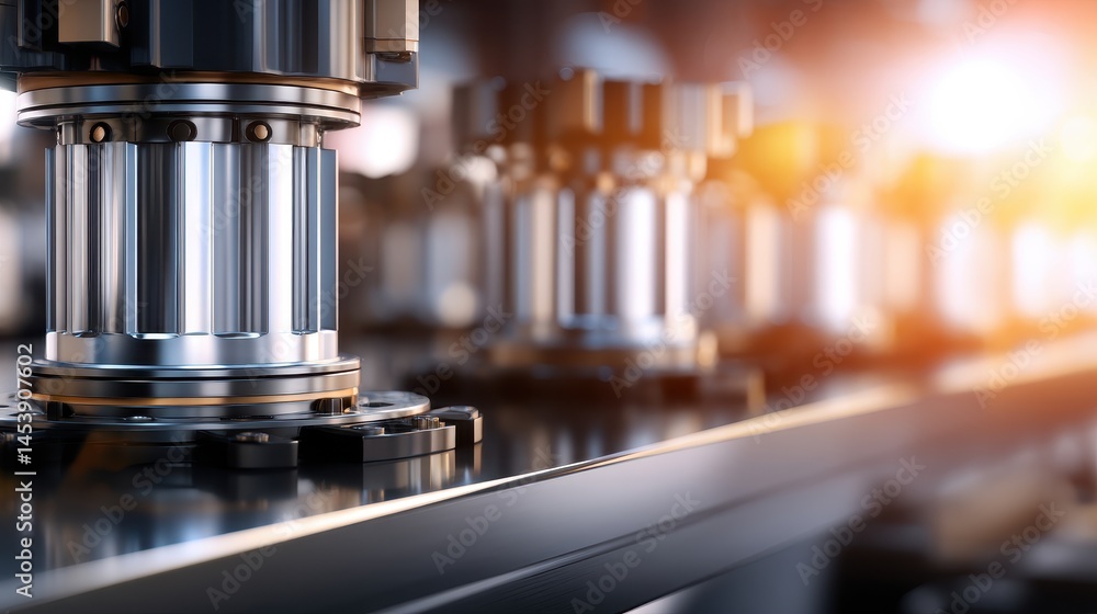 Poster close-up view of precision machinery components on a production line with glowing background lights