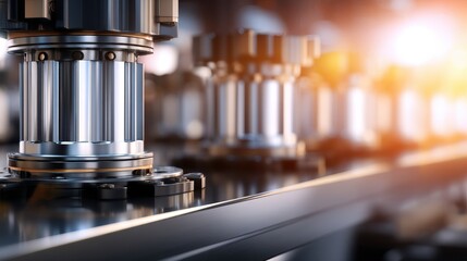 Close-up view of precision machinery components on a production line with glowing background lights