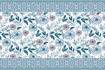 blue abstract flower repeat. minimal floral texture. one line sketch petals. elegant embroidery design. botanical textile layout. seamless modern background
