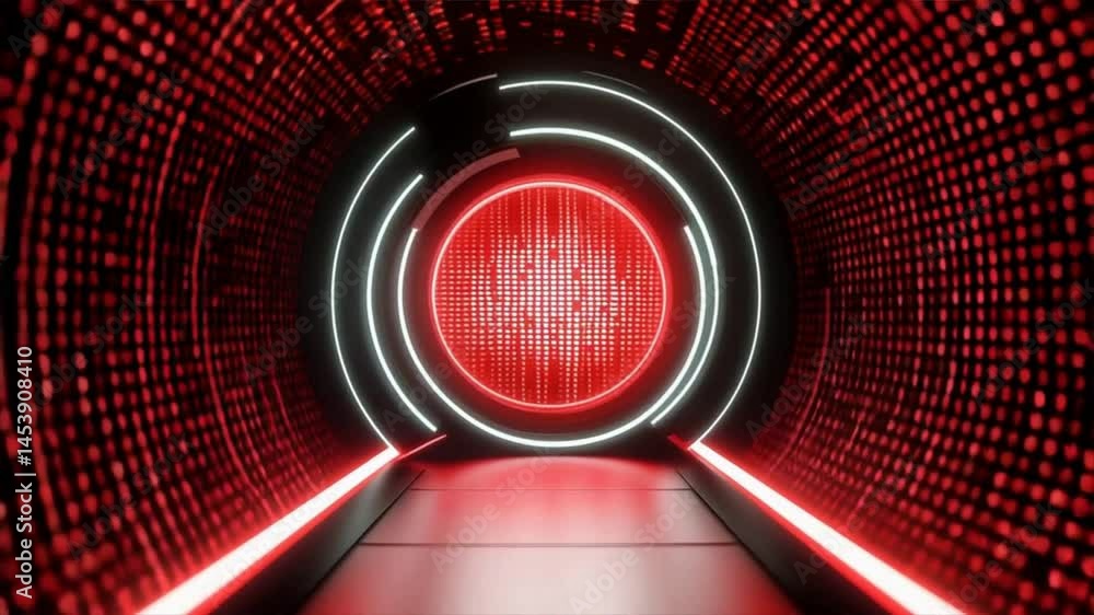 Poster a futuristic tunnel illuminated with vibrant red lights, creating a sci-fi atmosphere for innovation