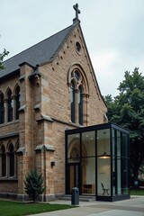Obraz premium Heritage Conservation Meets Modernism: Exterior of Preserved Old Church Structure Enhanced by a Respectful Modern Glass Addition