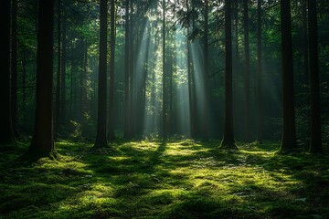 Obraz premium Sunlight beams through towering trees, illuminating the lush green mossy forest floor beautifully