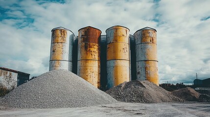 Obraz premium Sorted piles of gravel, asphalt, and sand beneath towering industrial silos