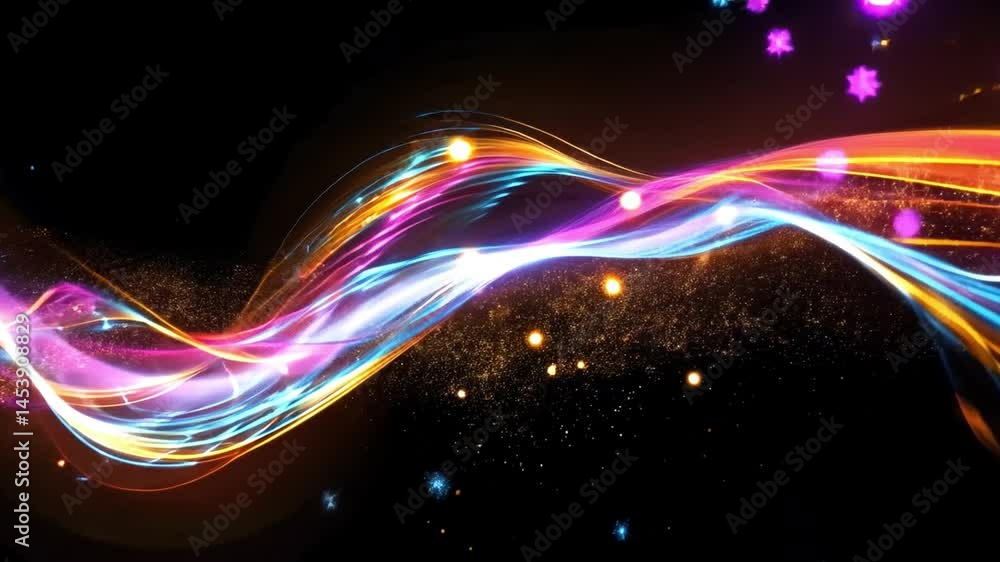 Poster vibrant light trails swirl dynamically against dark background, creating mesmerizing display of colo