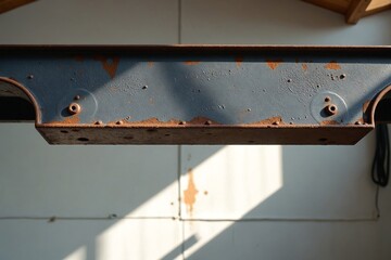 Juxtaposition in Design: Macro Shot of Heavy Restored Steel Beam Contrasting with Soft Furnishings in Modern Loft Apartment