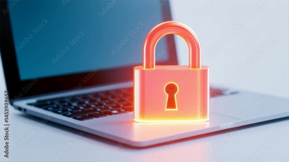 Poster digital padlock symbolizing cybersecurity and data protection on a laptop.