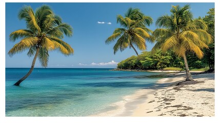 Tropical beach scene with palm trees.  Tranquil turquoise water meets white sand. Lush greenery