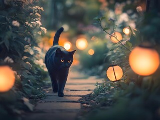 Mysterious Black Cat in Enchanting Night Garden - Nature Photography
