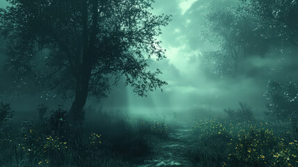 Soft Ethereal Foggy Forest Background Ultra Realistic portrayal of mist weaving through pine silhouettes, bathed in diffused emerald and silvery light at first light background jpg