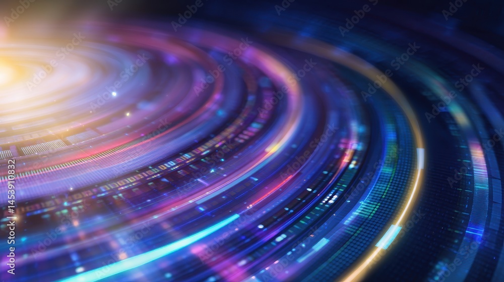 Poster vibrant abstract circular patterns with glowing lights, creating a dynamic digital atmosphere