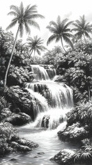 A black and white drawing of a cascading waterfall flowing through a lush tropical jungle