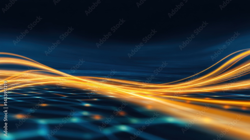 Poster abstract digital waves of light flow across a dark background, creating a dynamic visual effect