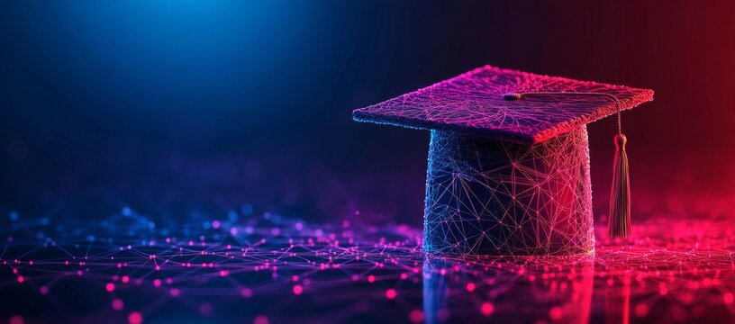 An image of a digital graduation cap hovering over a network of linked data points, representing the fusion and advancement of education technology via online learning platforms