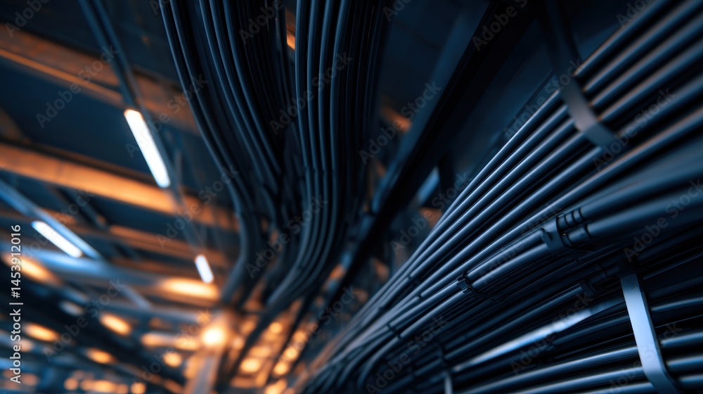 Poster intricate network of cables and wires illuminated by ambient lighting in a modern infrastructure
