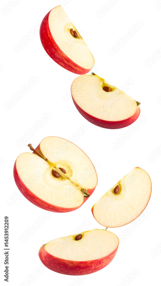 Poster sliced red apples falling on transparent background