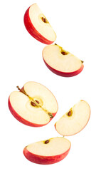 Sliced red apples falling on transparent background