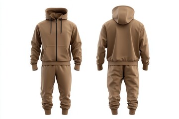 Fototapeta premium Tan athletic tracksuit. Front showcases a hooded sweatshirt with a zipper & pocket. Back shows matching pants. Perfect for lounging.