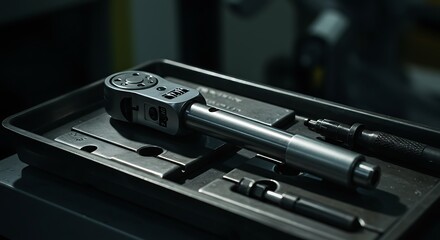 Precision torque wrench toolset on a metallic tray in workshop environment