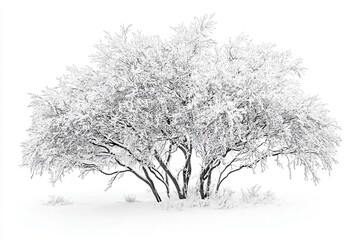 Majestic snow-covered tree stands alone in a serene winter landscape under a bright sky