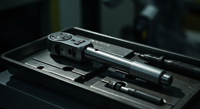 Precision torque wrench toolset on a metallic tray in workshop environment