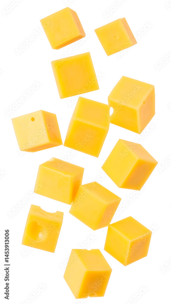 Poster multiple cheese cubes falling down with realistic texture and natural lighting on transparent backgr