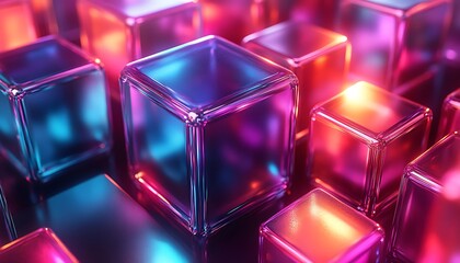Abstract design of translucent cubes in vibrant hues.