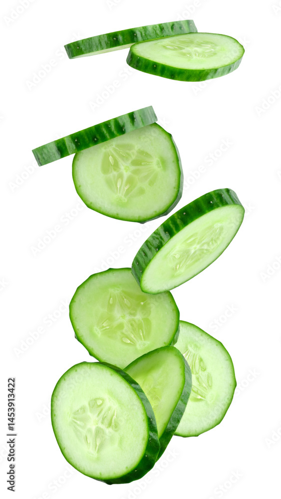 Poster fresh cucumber slices falling down on transparent background
