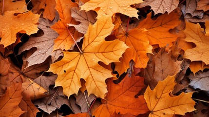 Fototapeta premium Texture of fallen autumn leaves of various shades of orange and red on a clean light background