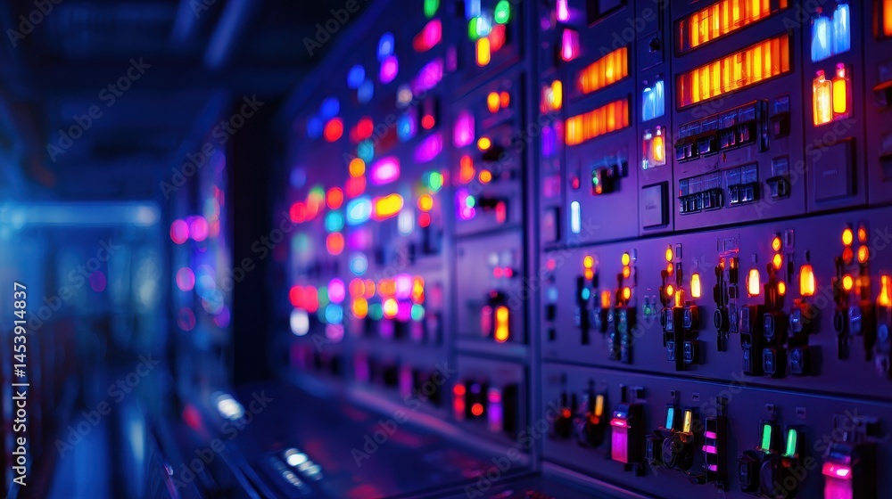 Poster colorful control panel with illuminated buttons and screens in a high-tech environment