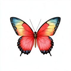 Obraz premium Vibrant Red Butterfly with Blue Tips on Wings, Detailed Illustration